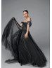 Off Shoulder Black Pleated Tulle Wedding Dress